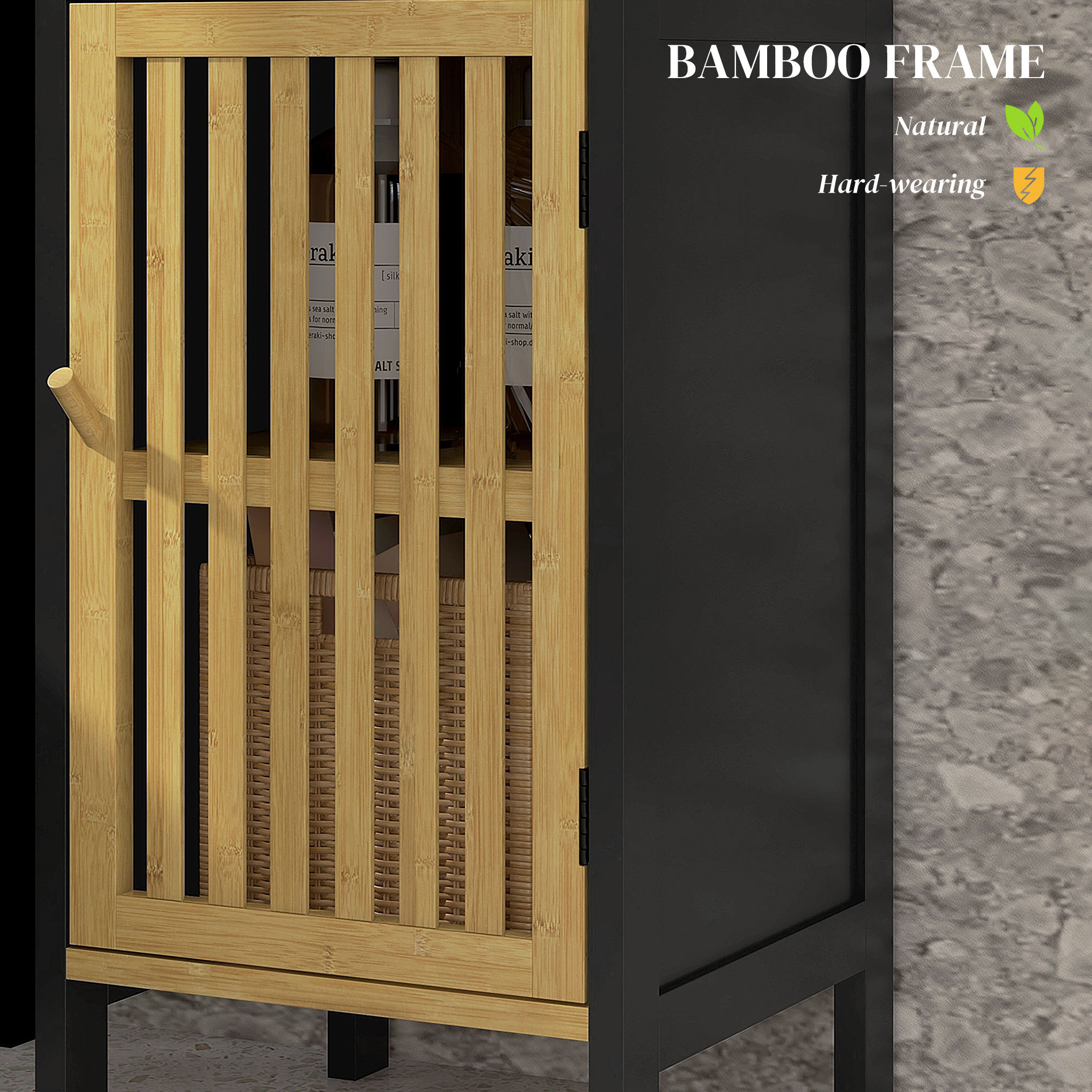 Bamboo-Blend Retro Cut-Out Bathroom Storage Unit, With Cupboard - Image 4