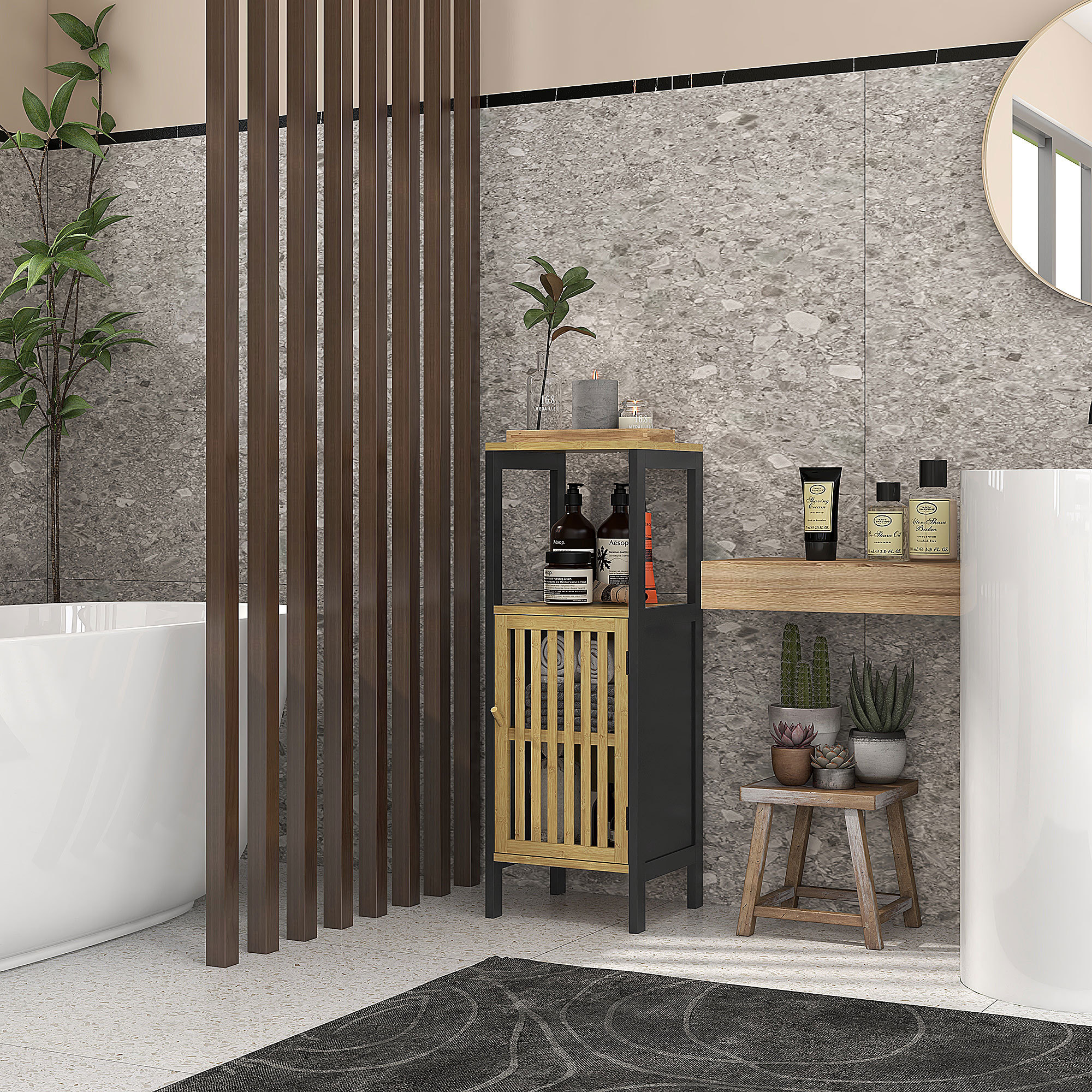 Bamboo-Blend Retro Cut-Out Bathroom Storage Unit, With Cupboard - Image 2