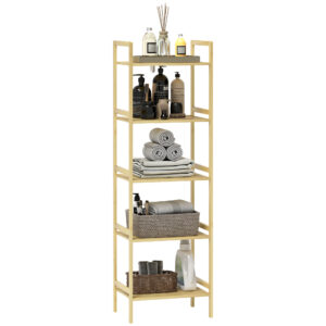5-Tier Bamboo Bathroom Storage Shelf, Freestanding Shelving Unit With Adjustable Rack For Kitchen Bathroom Living Room, Natural Wood Finish