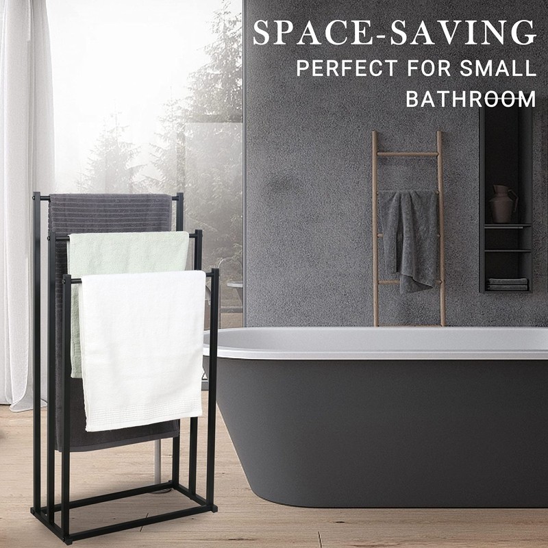 3 Tier Free Standing Towel Rail Stand Unit Rack Storage Bathroom Moveable Black - Image 2