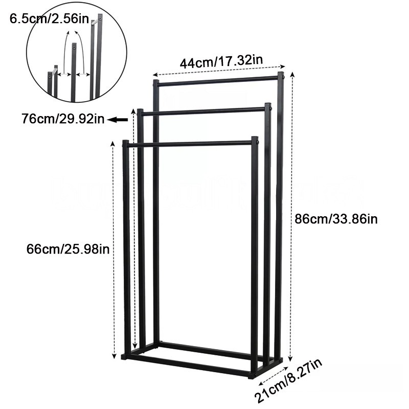 3 Tier Free Standing Towel Rail Stand Unit Rack Storage Bathroom Moveable Black - Image 3