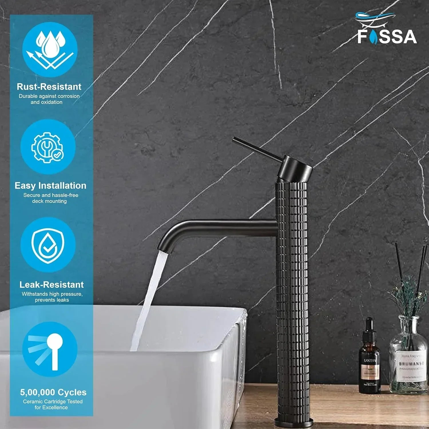 Fossa 12" Vitro Brass Wash Basin Mixer Tap Hot & Cold Black - Image 3
