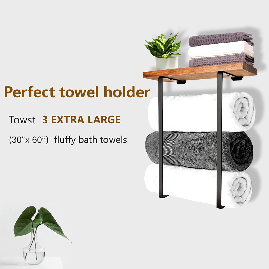 Towel Rack,bathroom Towel Storage Rack,bath Towel Holder, Iron And Wood Wall Art - Image 3