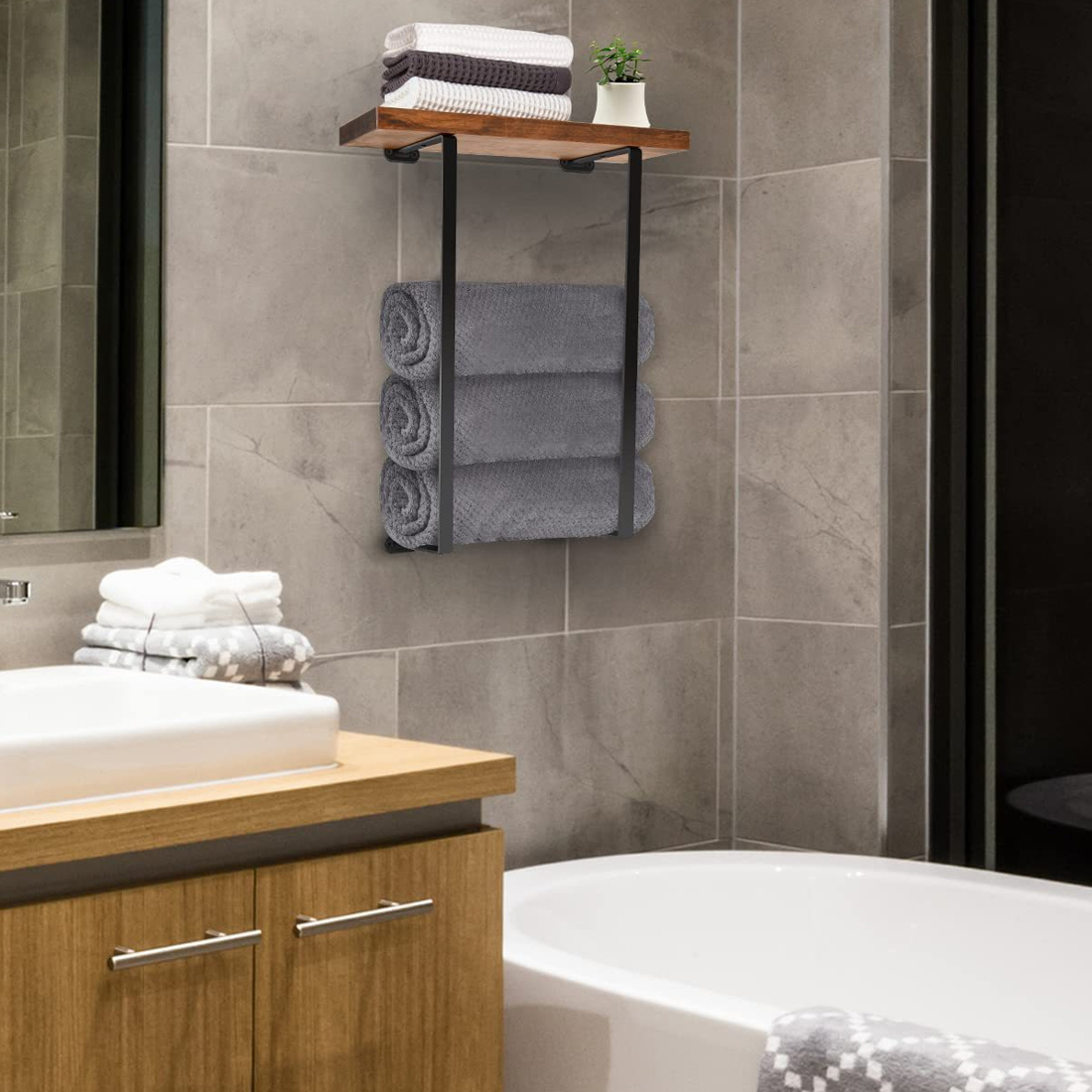 Towel Rack,bathroom Towel Storage Rack,bath Towel Holder, Iron And Wood Wall Art - Image 5