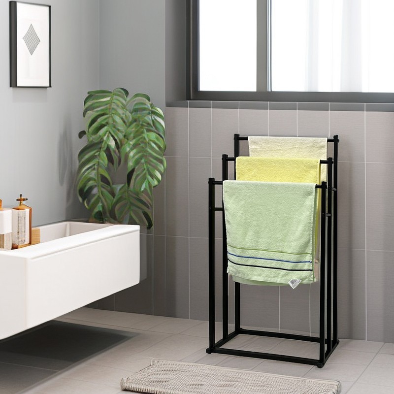 3 Tier Free Standing Towel Rail Stand Unit Rack Storage Bathroom Moveable Black - Image 9