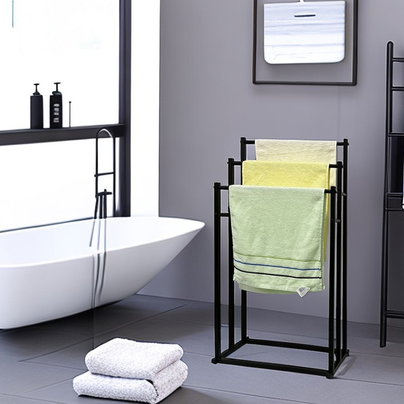 3 Tier Free Standing Towel Rail Stand Unit Rack Storage Bathroom Moveable Black - Image 5