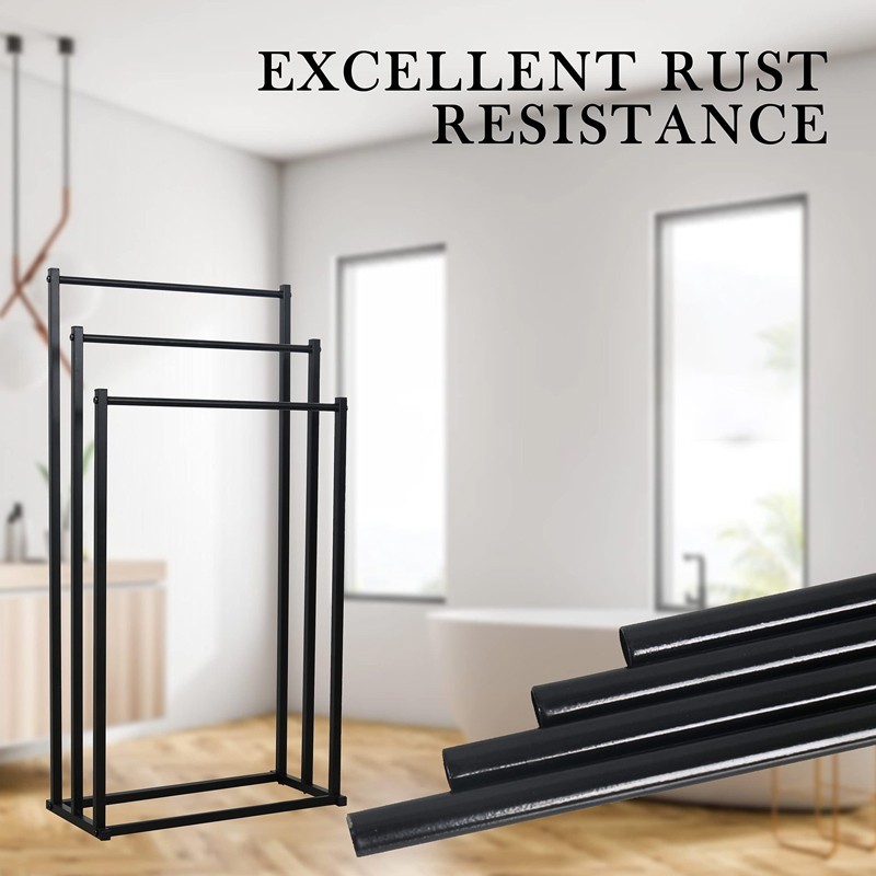 3 Tier Free Standing Towel Rail Stand Unit Rack Storage Bathroom Moveable Black - Image 6